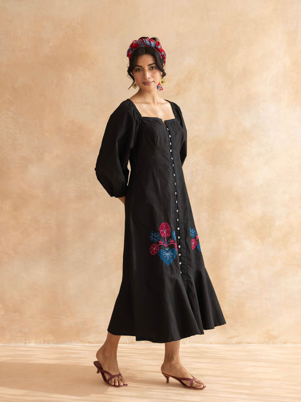 Midnight : Black Cotton Midi Dress for Women with Embroidered Floral Details