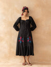 Midnight : Black Cotton Midi Dress for Women with Embroidered Floral Details