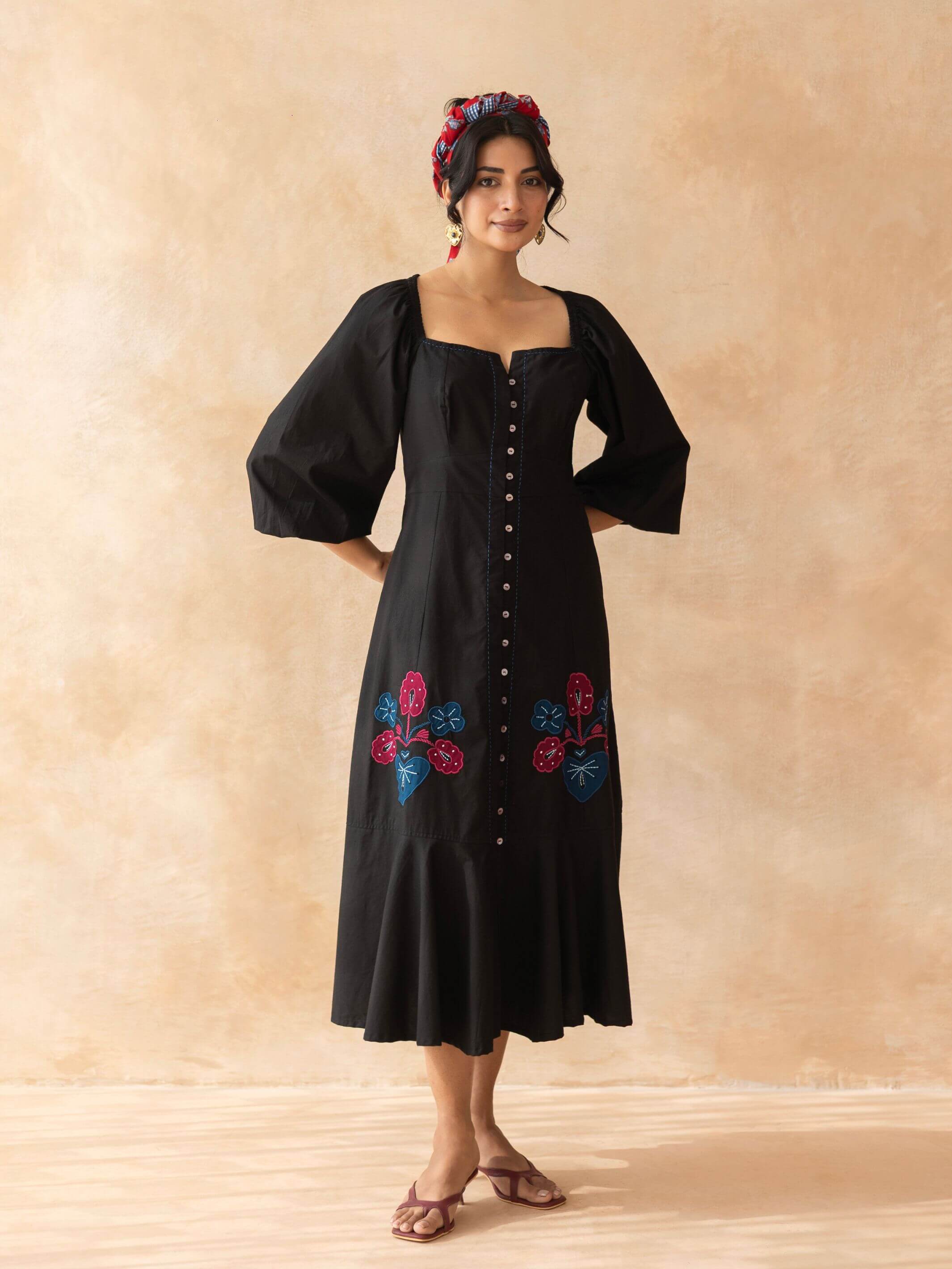 Midnight : Black Cotton Midi Dress for Women with Embroidered Floral D – The Chic Indian