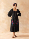 Midnight : Black Cotton Midi Dress for Women with Embroidered Floral Details