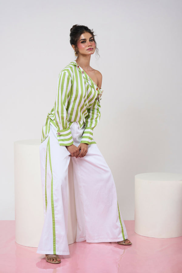 Striped Green & White Off-shoulder Top with White Pant