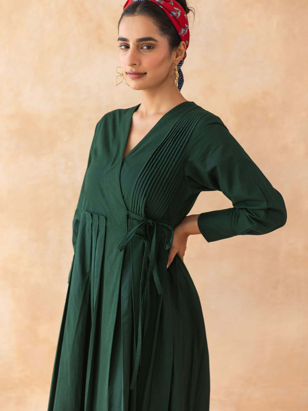 Mossie : Cotton Wrap Midi Dress in Dark Green | Casual Summer Dress