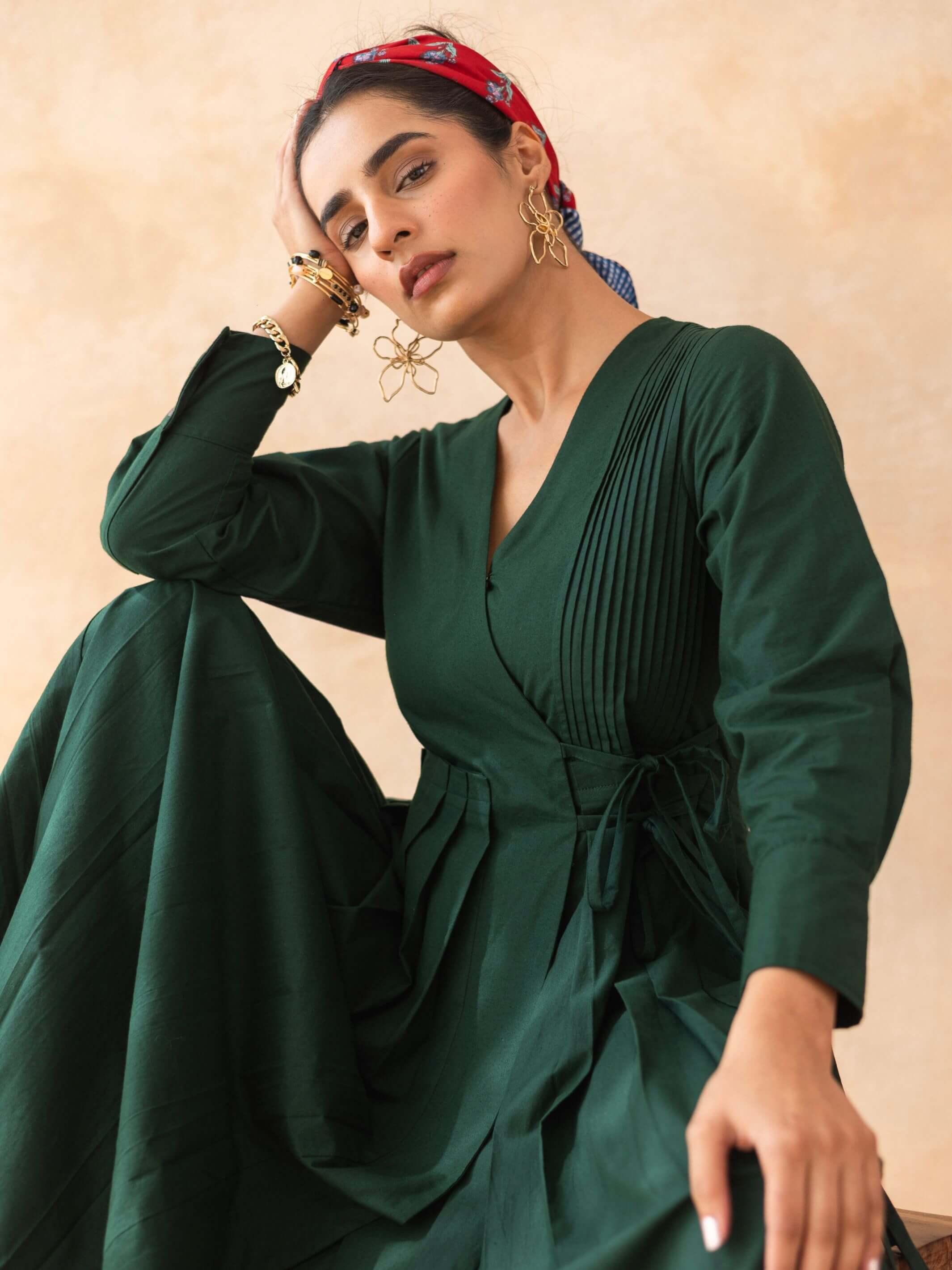 Mossie : Cotton Wrap Midi Dress in Dark Green