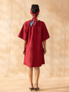 Marcella : Deep Maroon Cotton Knee-Length Dress with Embroidered Pockets