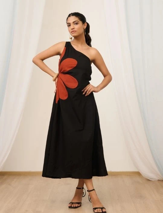 Black One Shoulder Embroidered Dress
