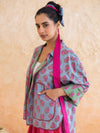 Aquella Set : Cotton Co-ord Set for Women in Dusty Blue | Floral Booti Jacket & Striped 2-Piece Summer Outfit