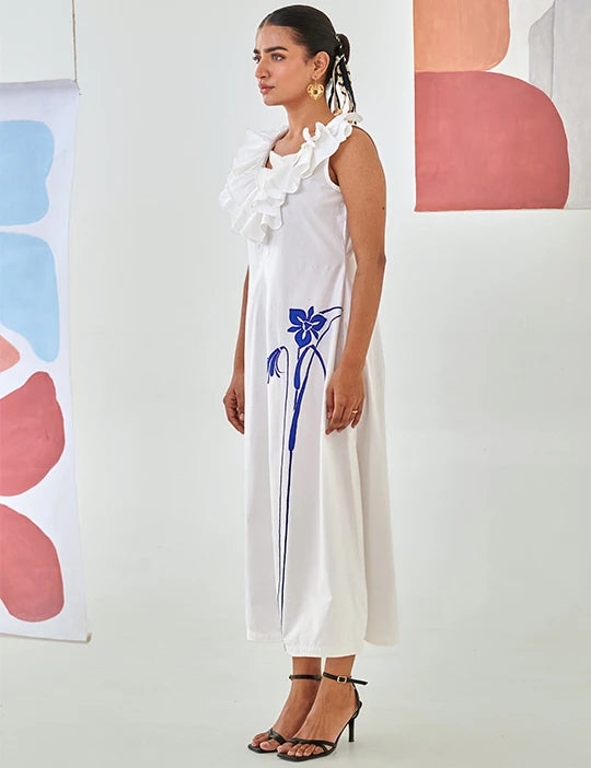 White Ruffle Embroidered Dress