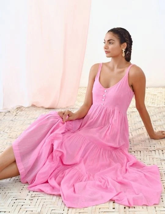 Pink Cotton Voile Flared Maxi Dress