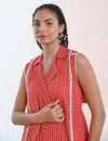 Red Printed Cotton Sleeveless Wrap Dress