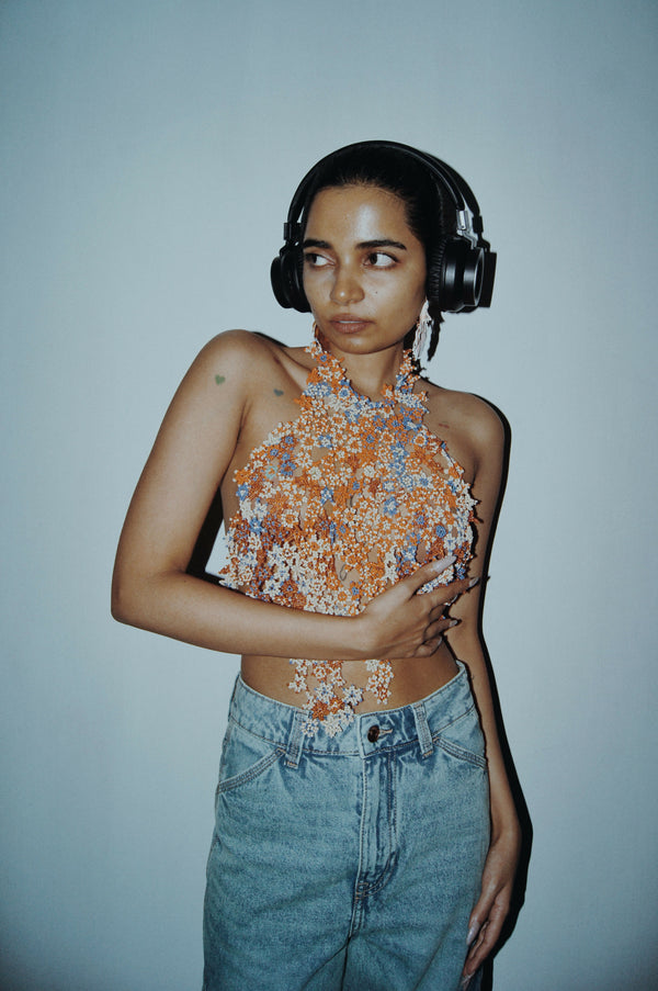 BEADED CORAL TUILE TOP