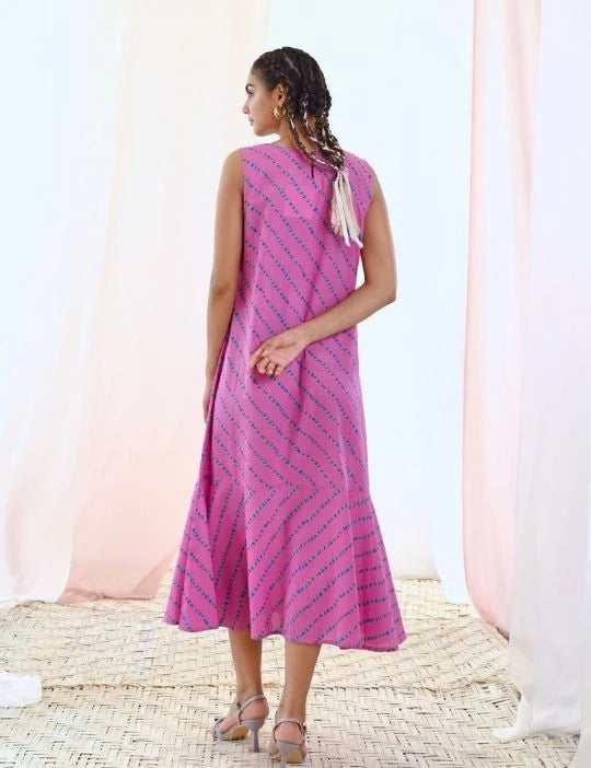 Pink A-Line Printed Sleeveless Cotton Dress