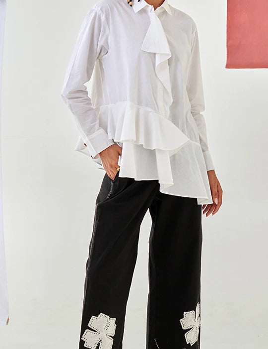 White Asymmetric Shirt & Black Pants Co-ord Set