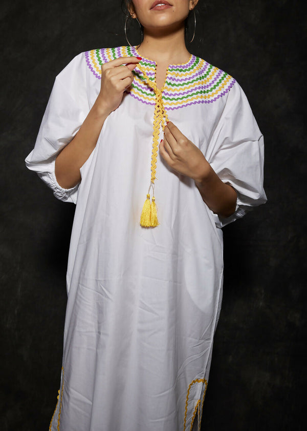 WHITE CASABLANCA DRESS- GREEN\YELLOW