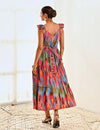 Red Ikat Print Cotton Maxi Long Dress
