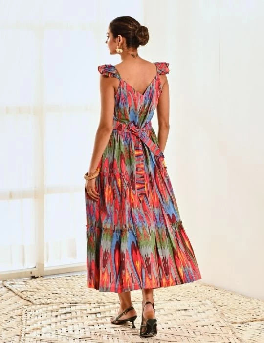 Red Ikat Print Cotton Maxi Long Dress