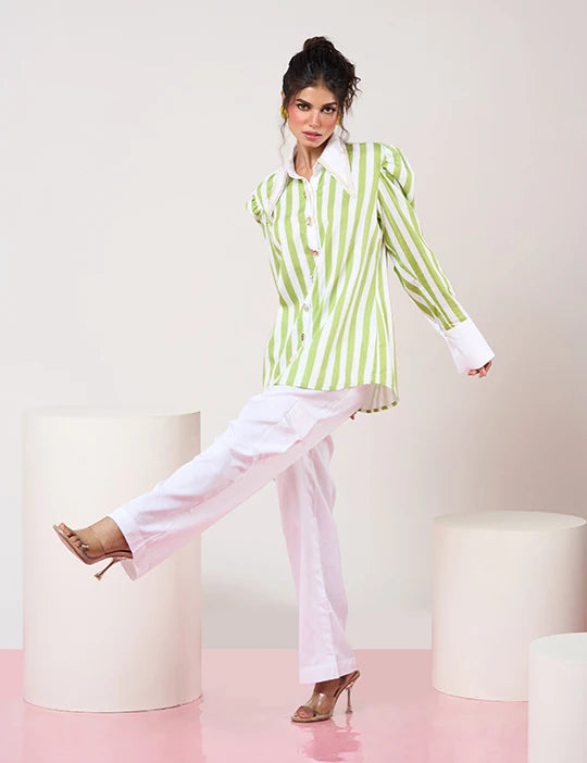 Green & White Striped Shirt with White Pant