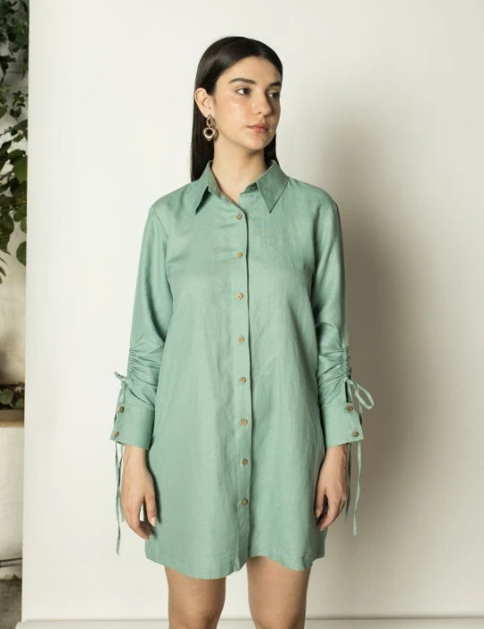 Ruched Sleeves Shirt Dress