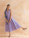 Lileth : Cotton Midi Dress for Women in Lilac & Blue | Striped Dress with Pockets
