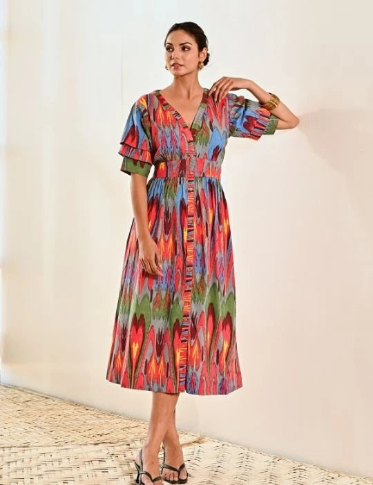Red Ikat Print Cotton A line Long Dress