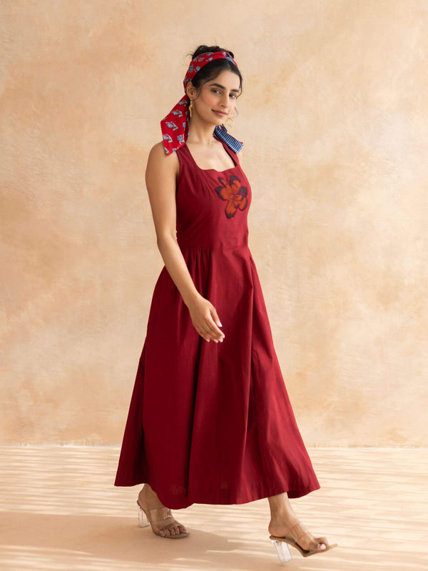 Ruby : Cotton Midi Dress for Women in Maroon | Sleeveless Embroidered Summer Dress