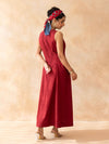 Ruby : Cotton Midi Dress for Women in Maroon | Sleeveless Embroidered Summer Dress
