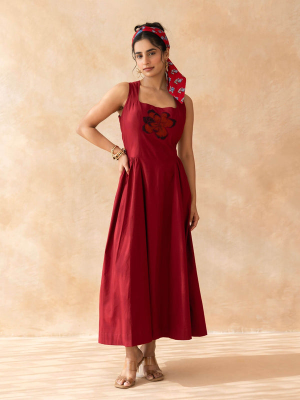 Ruby : Cotton Midi Dress for Women in Maroon | Sleeveless Embroidered Summer Dress