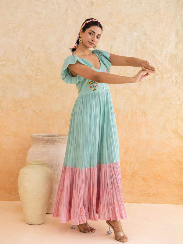 Rosie : Cotton Voile Maxi Dress for Women in Mint Green | Embroidered Tiered Summer Dress