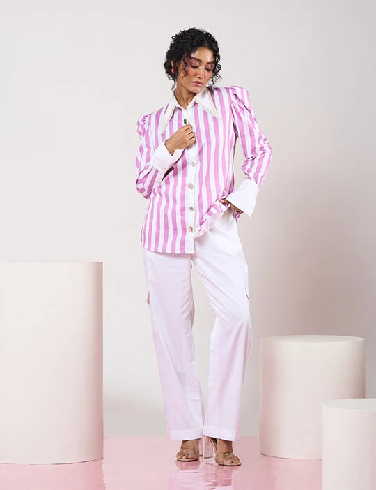 Striped Mauve & White Shirt with White Pant
