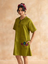 Olley : Dark Olive Cotton Knee-Length Dress with Embroidered Pockets