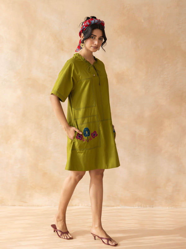 Olley : Dark Olive Cotton Knee-Length Dress with Embroidered Pockets