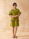 Olley : Dark Olive Cotton Knee-Length Dress with Embroidered Pockets