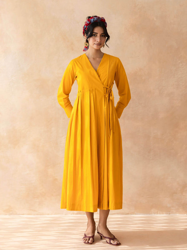 Clementia : Cotton Wrap Midi Dress fo in Orange | Casual Summer Dress