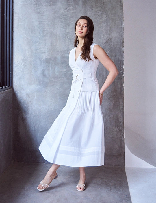 Logus White Linen Double Breasted Pleated Wrap Dress