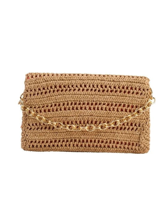 Brown Slim Real Raffia Clutch