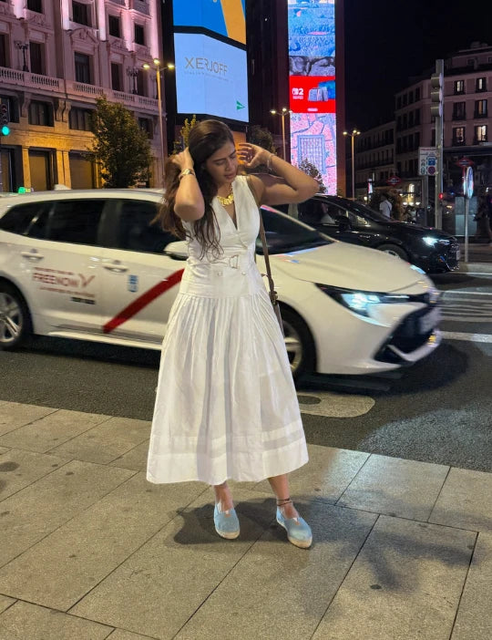 Logus White Linen Double Breasted Pleated Wrap Dress