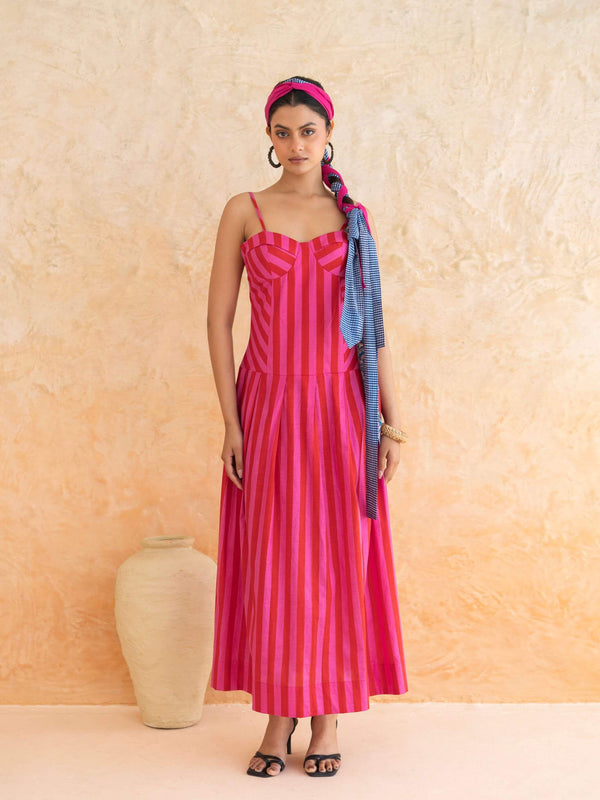 Scarlett : Cotton Maxi Dress for Women in Pink & Red | Striped Summer Dress