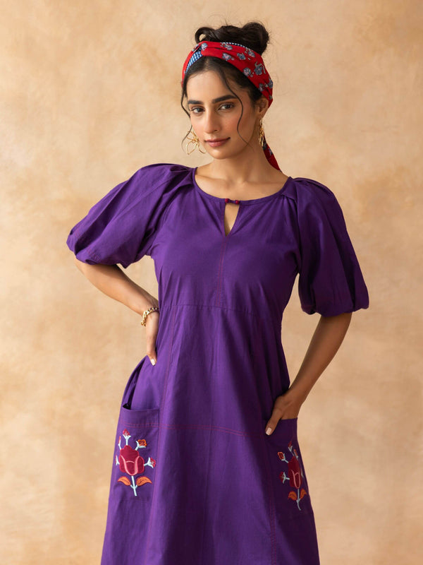 Peora : Purple Cotton Midi Dress with Embroidered Pockets