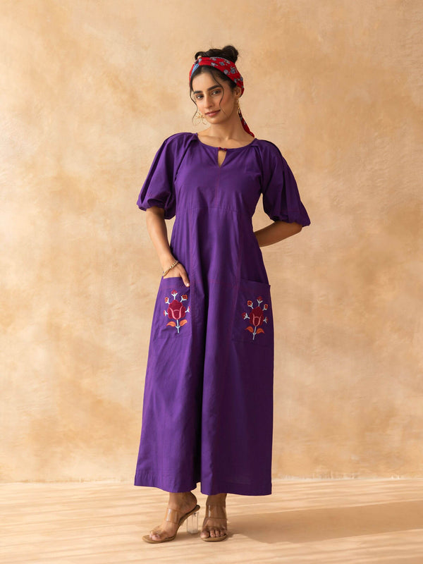 Peora : Purple Cotton Midi Dress with Embroidered Pockets