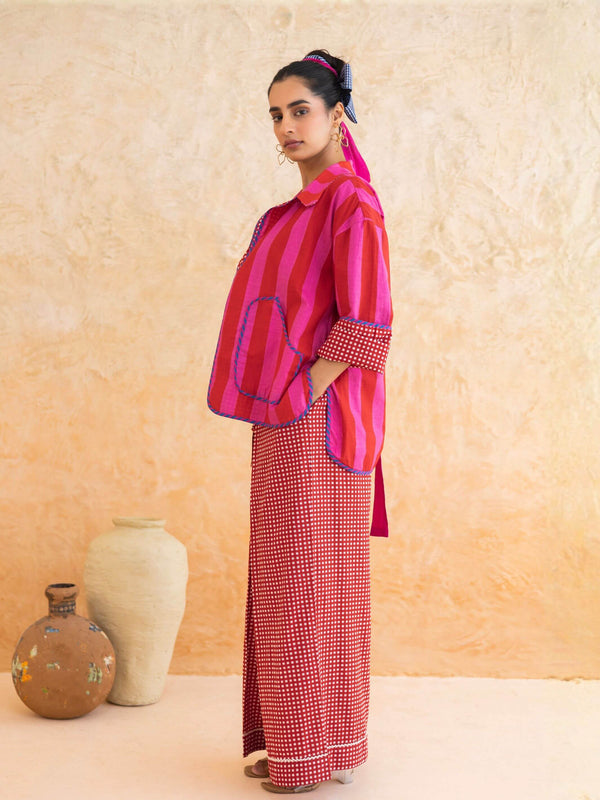 Fiora Set : Cotton Jacket Co-ord Set for Women in Red | Striped 2-Piece Summer Outfit