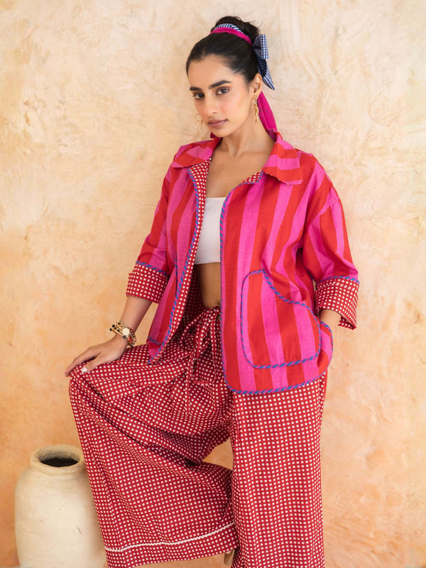 Fiora Set : Cotton Jacket Co-ord Set for Women in Red | Striped 2-Piece Summer Outfit