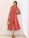 Red Printed Cotton Sleeveless Wrap Dress