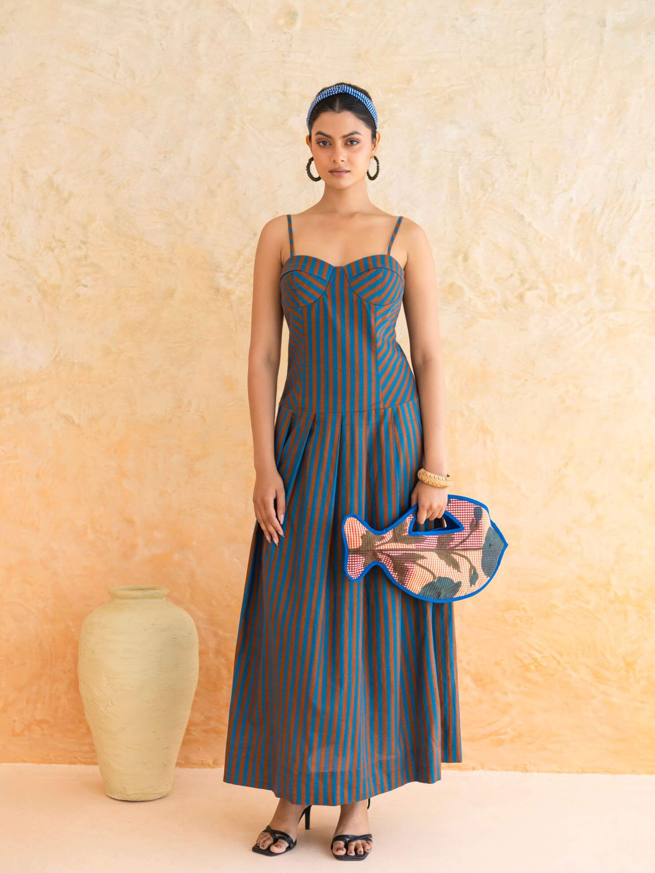 Linea : Cotton Maxi Dress for Women in Teal & Brown| Striped Summer Dr – The Chic Indian