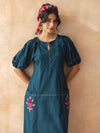 Teora : Teal Cotton Midi Dress with Embroidered Pockets