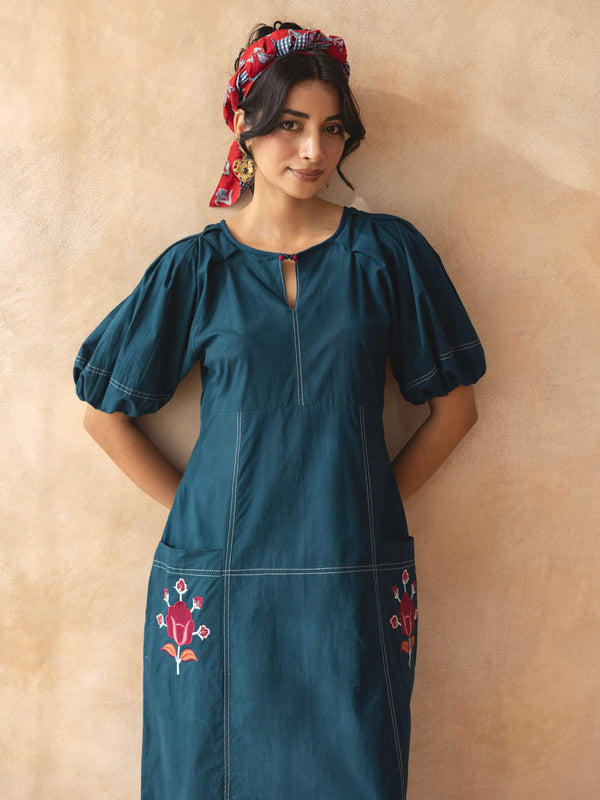 Teora : Teal Cotton Midi Dress with Embroidered Pockets