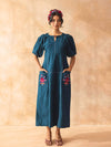 Teora : Teal Cotton Midi Dress with Embroidered Pockets