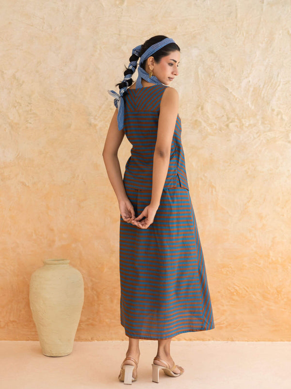 Alora Set : Cotton Skirt Set for Women in Teal & Rust | Striped 2-Piece Summer Outfit