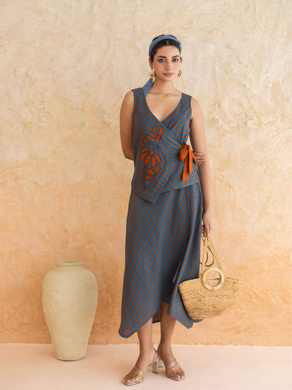 Alora Set : Cotton Skirt Set for Women in Teal & Rust | Striped 2-Piece Summer Outfit