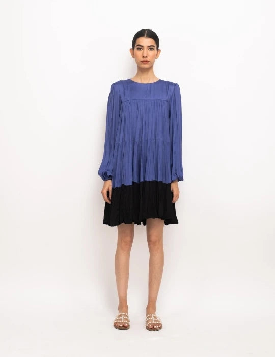 Blue-Black Gather Short Dress