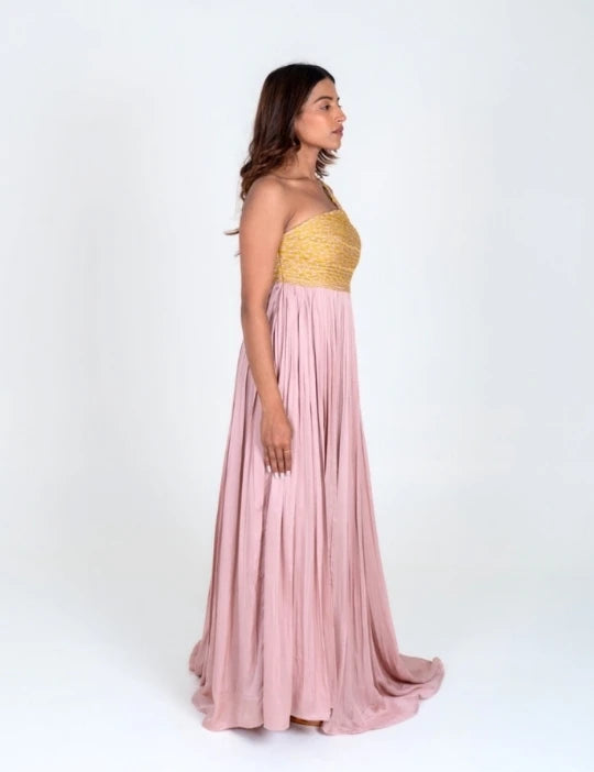 Pink-Yellow Braided Bustier Gather Gown