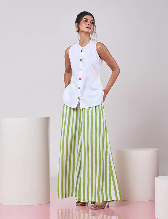 White Top with Green & White Striped Pant